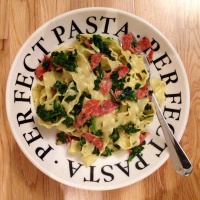 Spinach and Pepperoni with Mafaldine Pasta